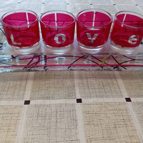 Table decor set with glass tray and 4 glass cups spelling LOVE