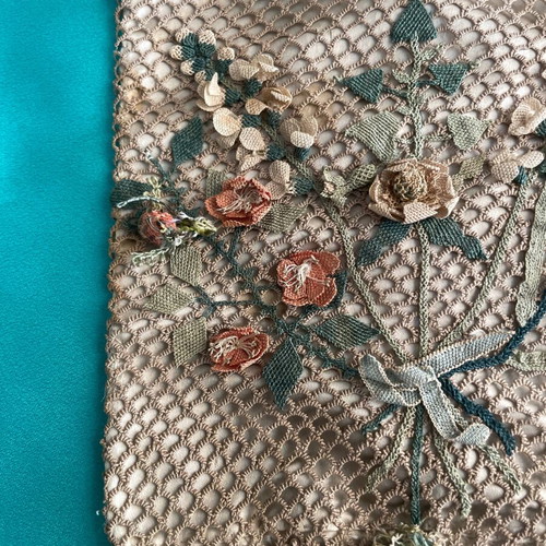Women's tobacco pouch used 1900 hand-crocheted with embossed flowers