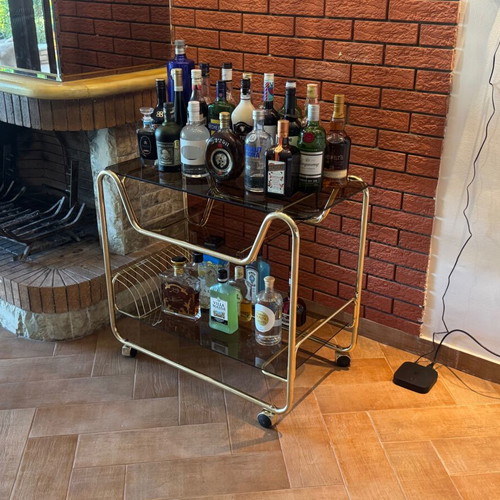 Italian 70s Trolley Bar Cart like new with smoked crystal and gold frame