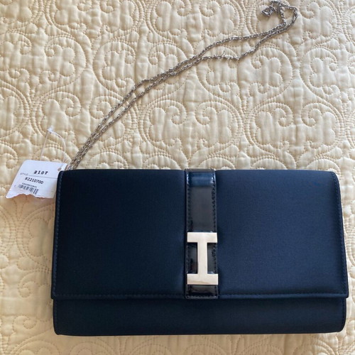 Satin clutch bag new, black with silver detail and chain