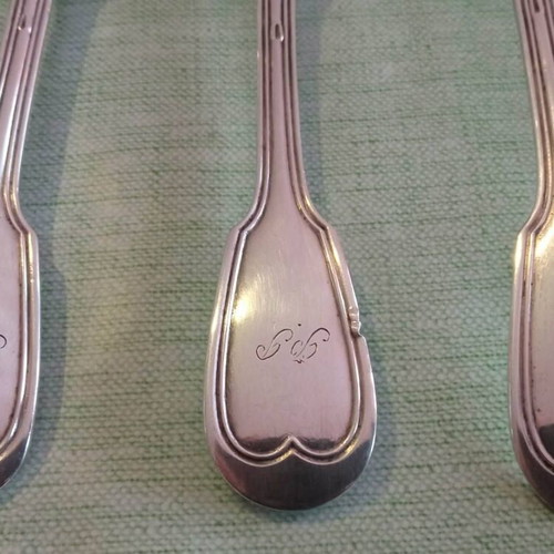 Christofle silver-plated Chinon cutlery set 5+1 used with monograms