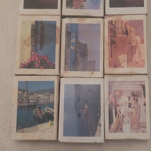 Empty Greek Monopoly matchboxes used, set of 9, "Greek Islands" series