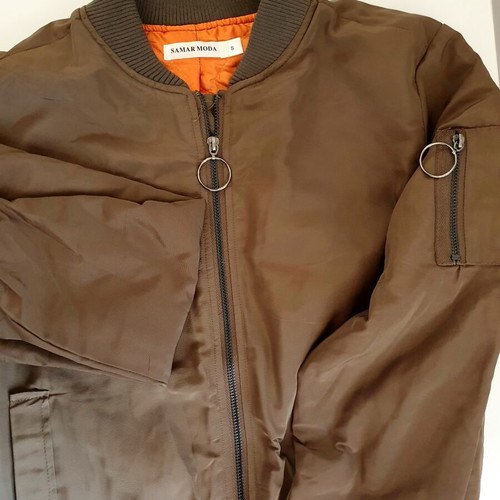 Bomber jacket khaki brown, size S, orange lining