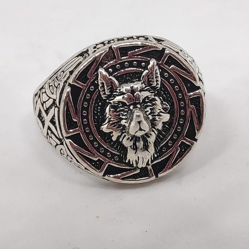 Men's Wolf Head Ring with Viking Symbols like new