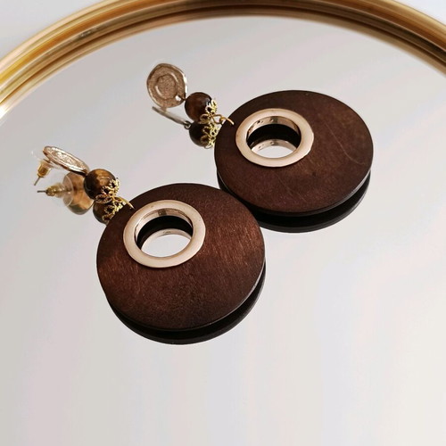 Boho wooden large earrings with tiger eye