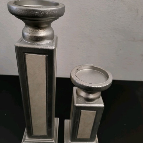 Wooden candlesticks like new, gray and beige color, set of 2