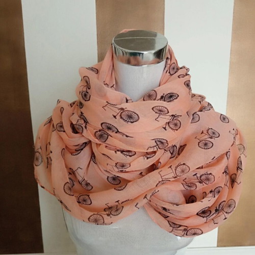 Long lightweight scarf with vintage bicycle print like new, orange