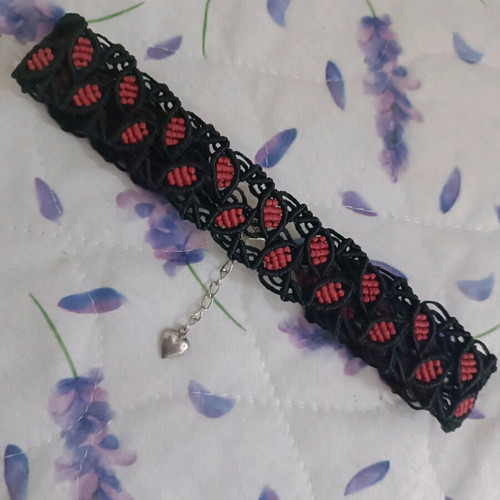 Handmade macrame choker new, black with red cherry leaves