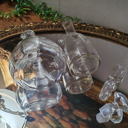 Vintage French glass cruet set for oil and vinegar with ground stoppers