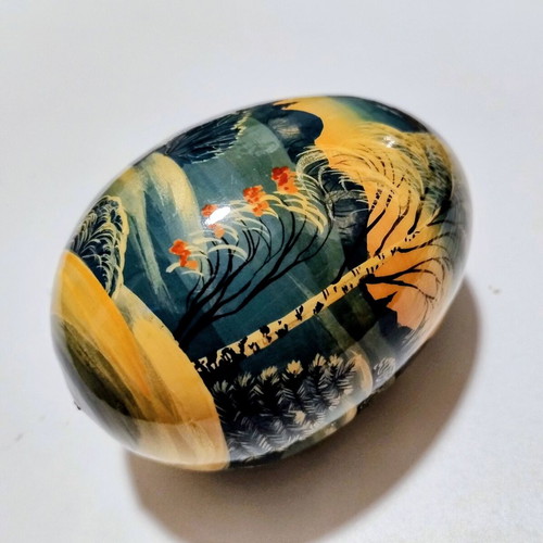 Vintage Russian wooden egg 10cm with lacquer and winter landscape