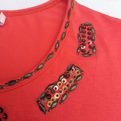 Vintage women's t-shirt with sequins and beads, new, red watermelon color, size L