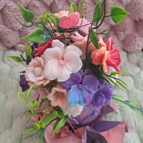 Bouquet of scented glycerin flowers in decorative pot