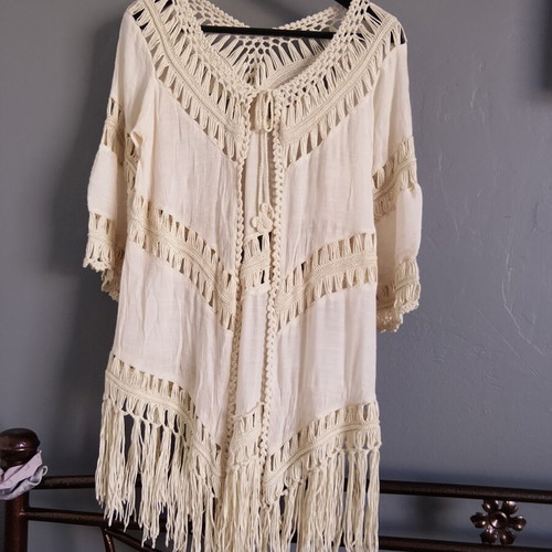 Boho kimono beach cover-up with crochet details, like new, beige