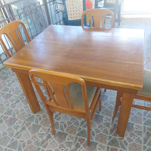 Wooden kitchen dining set used, folding table 1.20m with extension and 4 fabric chairs