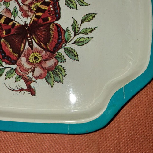 3 vintage metal trays 19.5×16cm, Christmas & butterfly theme, pack