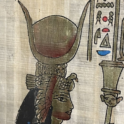 Handmade painting on Egyptian papyrus with frame used