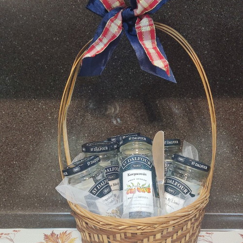 St. Dalfour empty jam jars gift basket with vintage butter knife and porcelain salt and pepper set