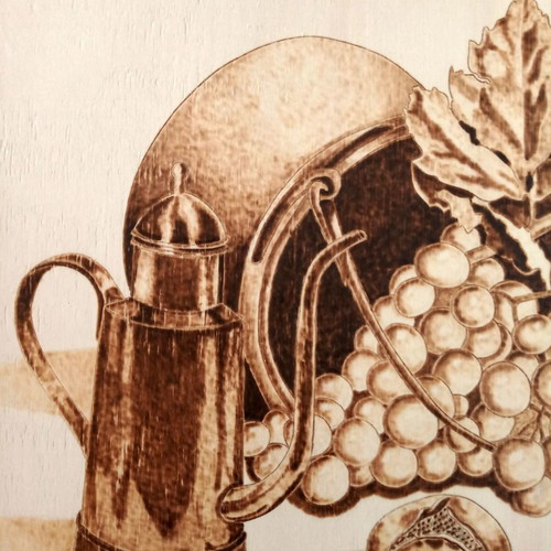 Still life pyrography painting on linden wood by Triantafyllos Xanthopoulos