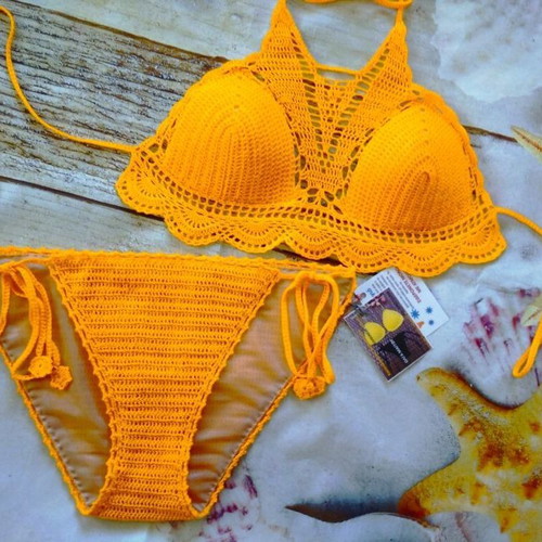 Handmade knitted swimsuit new, size M/L, yellow