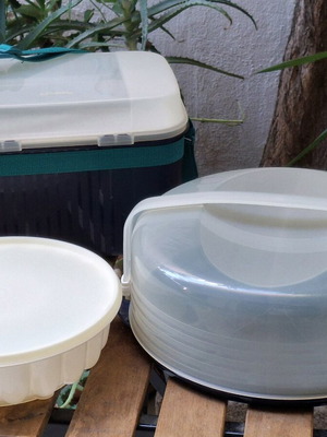 Tupperware 3-piece set with halva mold, cake container, and basket
