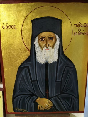 Handmade icon Saint Paisios new, Mount Athos style with gold leaf