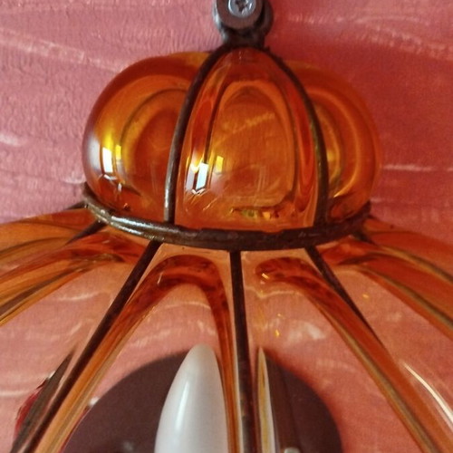 Murano blown glass wall light with brass details, amber color