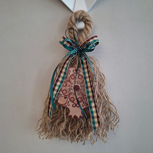 Handmade hanging charm with large wooden pomegranate in beige and burgundy