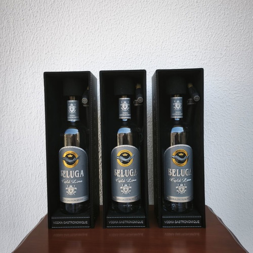 Beluga Gold Line vodka set of 3 with luxury case and opener, like new