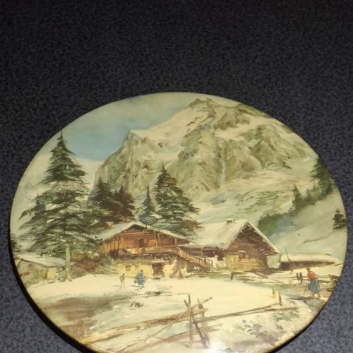 Vintage Metal Decorative Wall Plate Alpine Winter Landscape 24cm like new