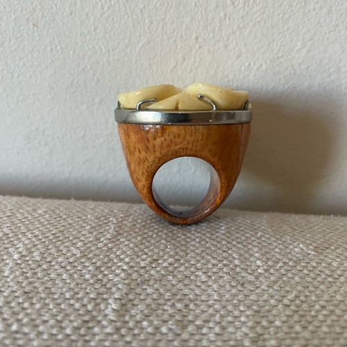 Statement ring handmade from Italy with wood and carved bone flower