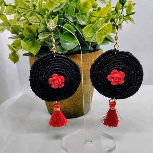 Macrame spiral earrings with red tassel made to order