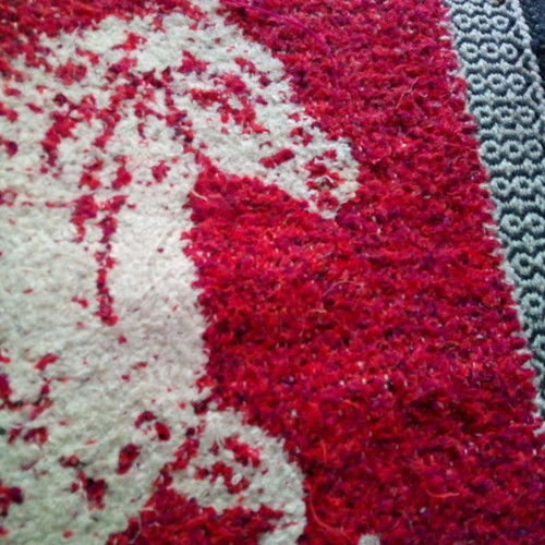 Red rug with white horse design like new, handmade
