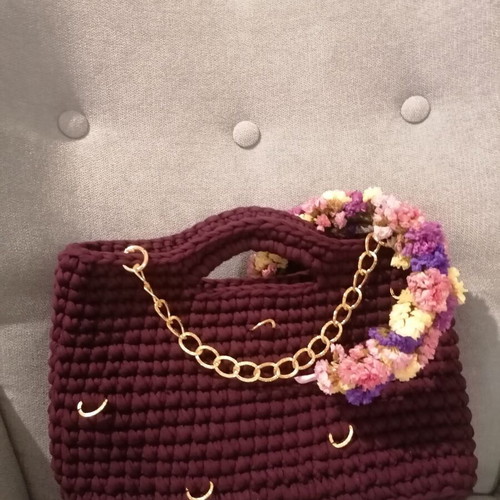 Handmade crochet handbag in eggplant color with gold details