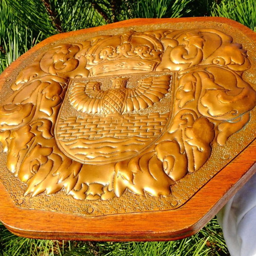 Copper panel with Isis, crown and fortress used, handmade