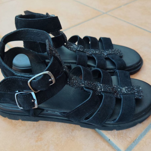 Evangelia Drosi women's leather gladiator sandals glitter black size 40
