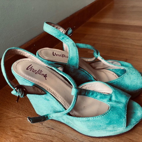 Women's platform sandal used, size 38, turquoise velvet