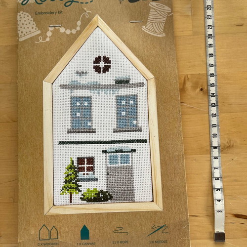 Cross-stitch embroidery set with wooden house-shaped frame new