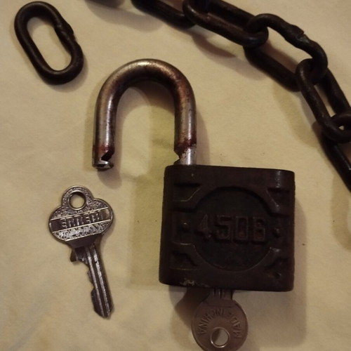 Padlock used with key, chain and skeleton key