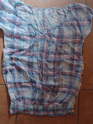 Summer airy blouse plaid, like new, size M/L, white and turquoise