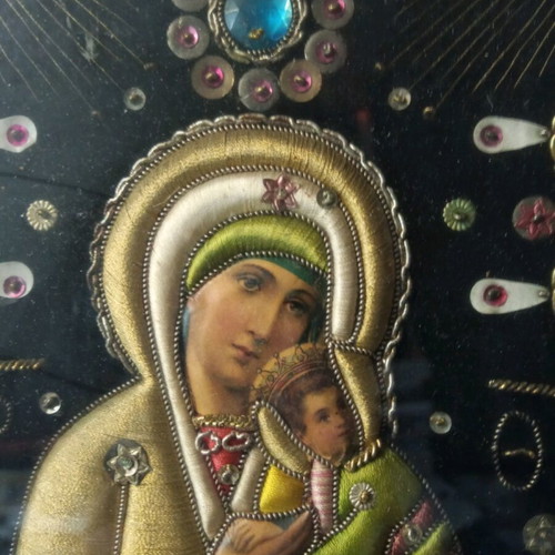 Antique Christian icon embroidered with thread