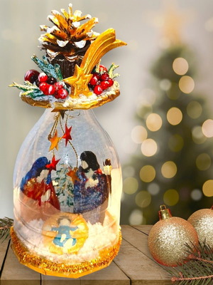 Nativity scene illuminated with battery LED, new, handmade clay figures