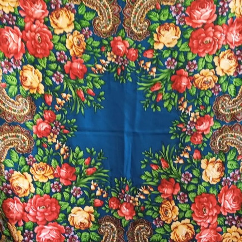 Traditional Russian shawl new, deep blue with floral paisley patterns