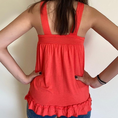 Raxevsky orange blouse like new, halter neckline with ruffle and strass