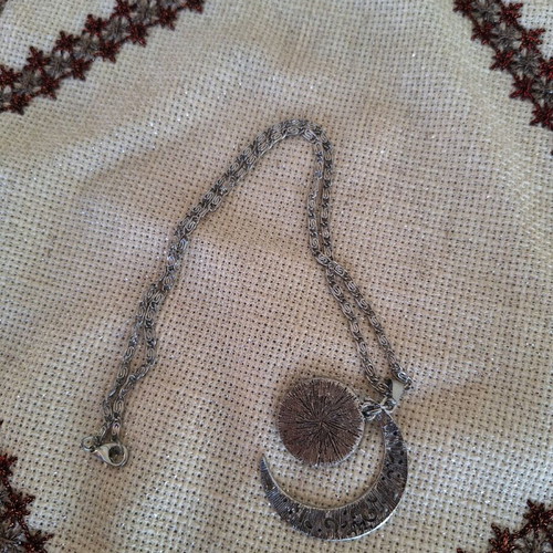 Moon necklace new, silver and blue with universe design