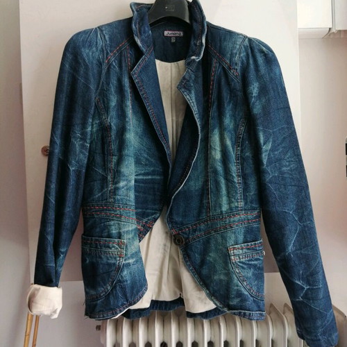 Mid-length denim jacket used, size L, blue