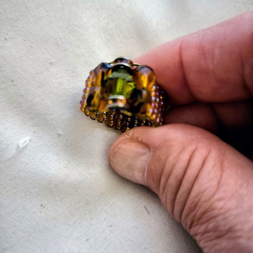 Handmade ring with green bead and gold bangle, size 17.3mm, new