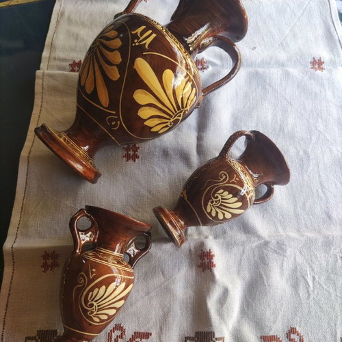 Handmade painted amphorae used, set of 3 pieces