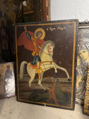 Saint George Dragon Slayer icon on wood, handmade