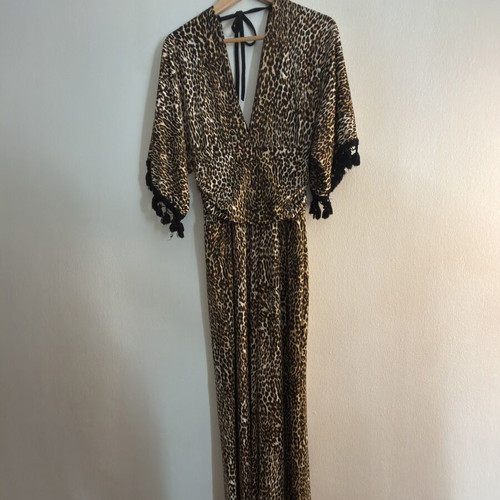 A-Style leopard print jumpsuit with black tassels, one size