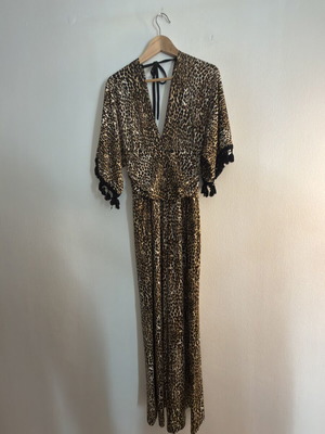 A-Style leopard print jumpsuit with black tassels, one size